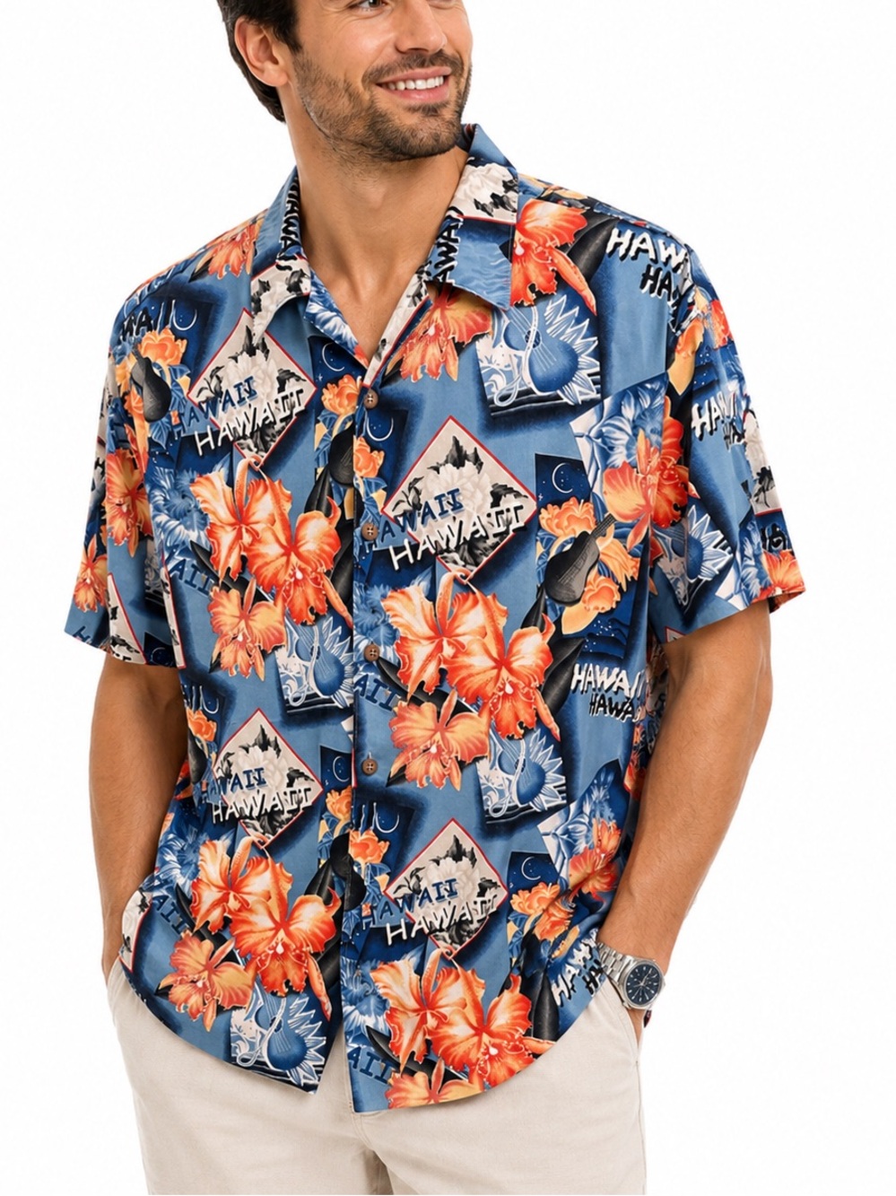 Men's Casual Hawaiian Button-Down Shirt - Blue & Orange Floral